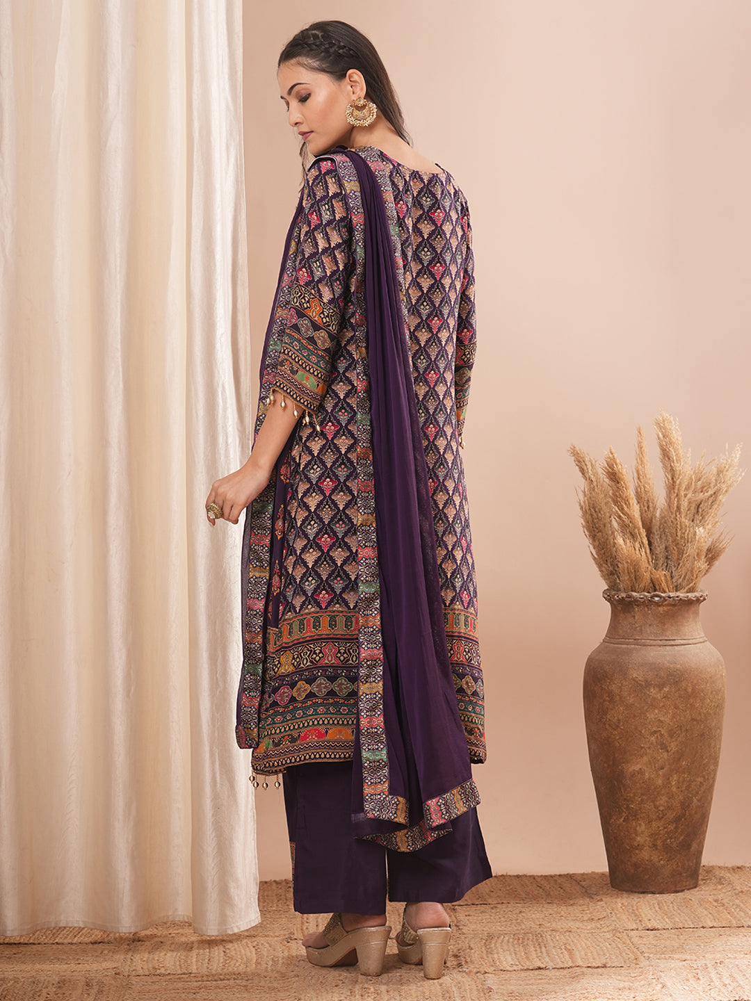 Ethnic Floral Printed & Embroidered Straight Kurta with Pant & Dupatta - Purple