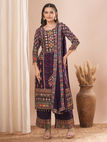 Ethnic Floral Printed & Embroidered Straight Kurta with Pant & Dupatta - Purple