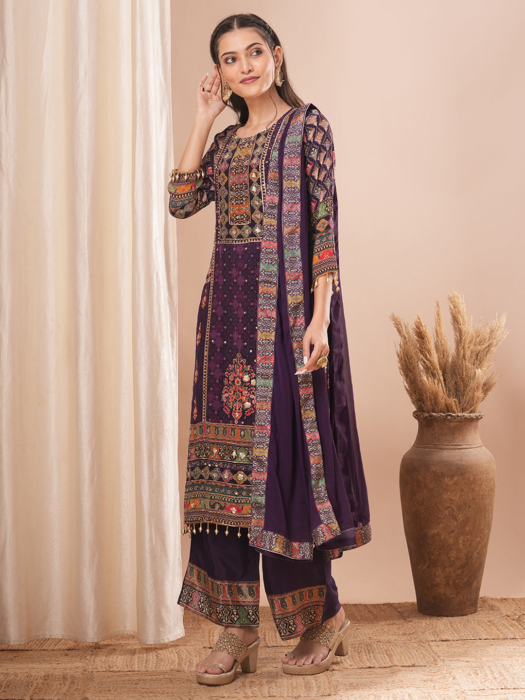 Ethnic Floral Printed & Embroidered Straight Kurta with Pant & Dupatta - Purple