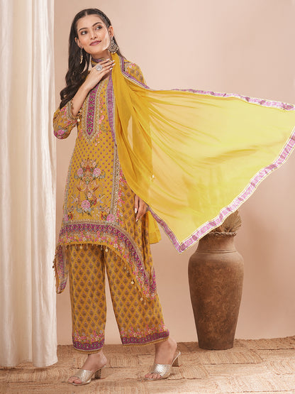 Ethnic Floral Printed & Embroidered A-Line Kurta with Pant & Dupatta - Yellow