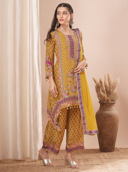 Ethnic Floral Printed & Embroidered A-Line Kurta with Pant & Dupatta - Yellow