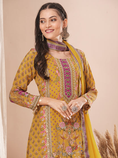 Ethnic Floral Printed & Embroidered A-Line Kurta with Pant & Dupatta - Yellow