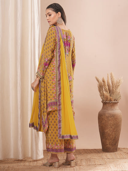 Ethnic Floral Printed & Embroidered A-Line Kurta with Pant & Dupatta - Yellow