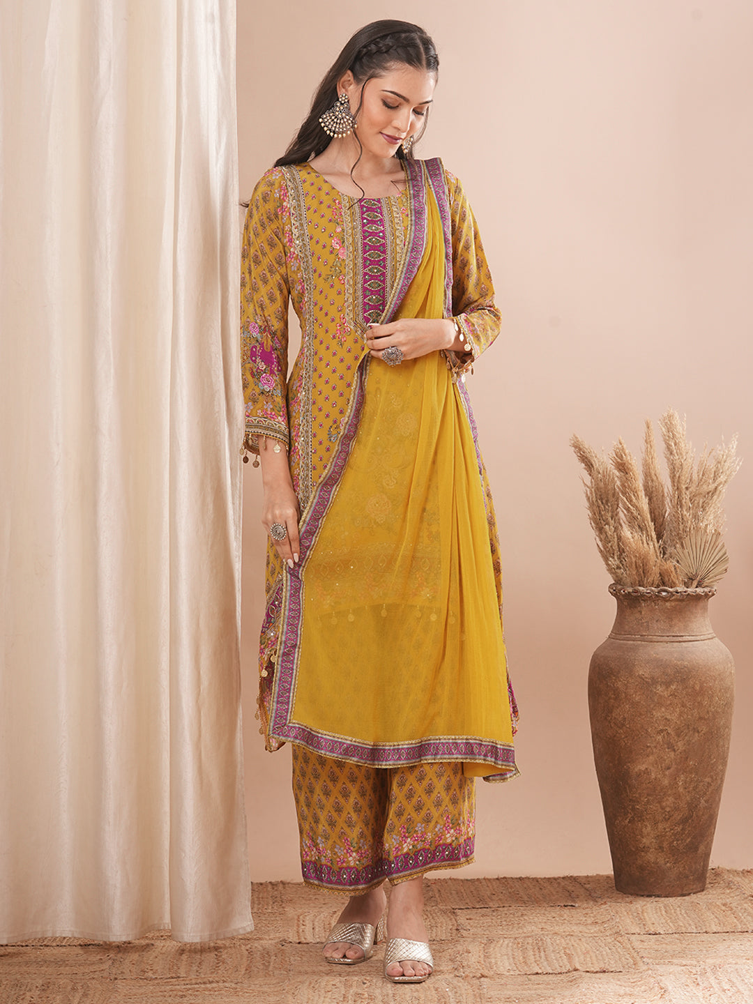 Ethnic Floral Printed & Embroidered A-Line Kurta with Pant & Dupatta - Yellow