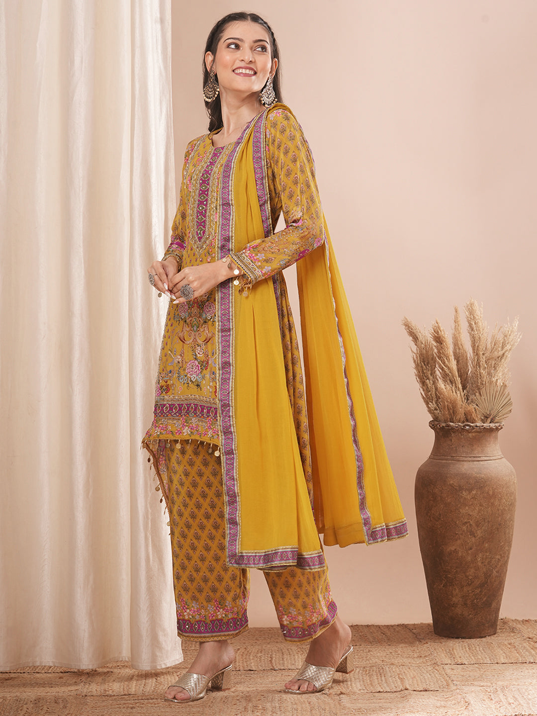 Ethnic Floral Printed & Embroidered A-Line Kurta with Pant & Dupatta - Yellow