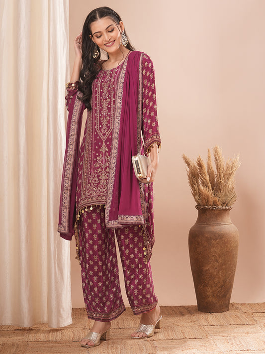 Ethnic Floral Printed & Embroidered A-Line Kurta with Pant & Dupatta - Magenta