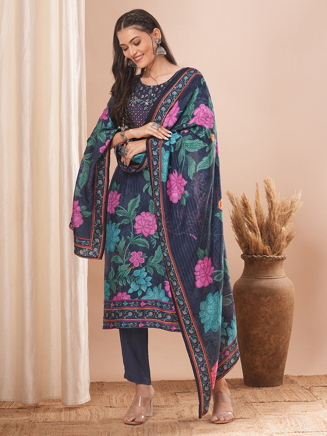 Ethnic Floral Printed & Hand Embroidered Kurta with Pant and Dupatta - Blue