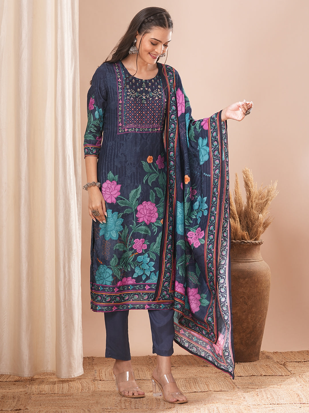 Ethnic Floral Printed & Hand Embroidered Kurta with Pant and Dupatta - Blue