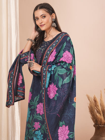 Ethnic Floral Printed & Hand Embroidered Kurta with Pant and Dupatta - Blue