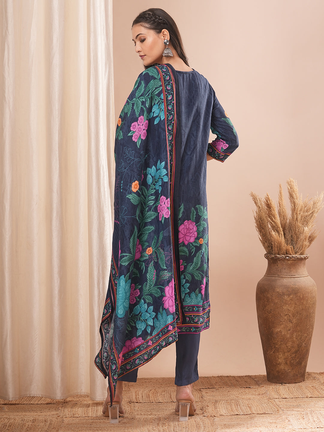 Ethnic Floral Printed & Hand Embroidered Kurta with Pant and Dupatta - Blue