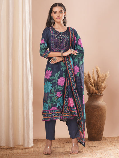 Ethnic Floral Printed & Hand Embroidered Kurta with Pant and Dupatta - Blue