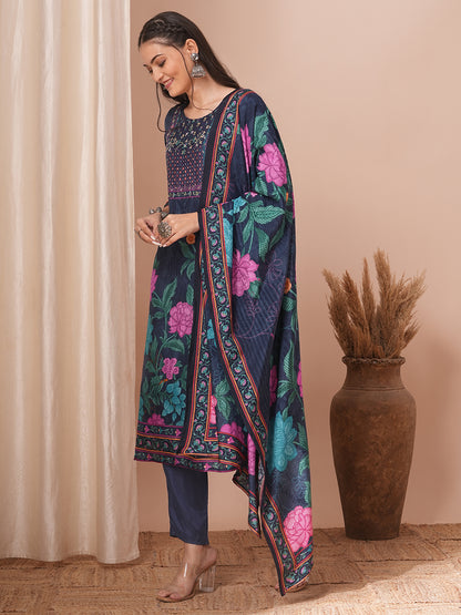 Ethnic Floral Printed & Hand Embroidered Kurta with Pant and Dupatta - Blue