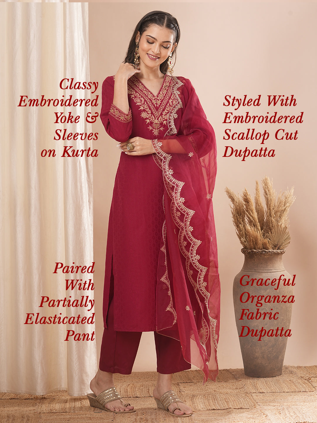 Solid Ethnic Embroidered Straight Fit Kurta with Pant & Dupatta - Maroon