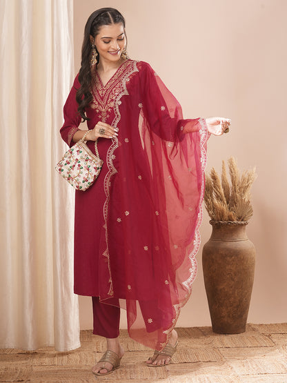 Solid Ethnic Embroidered Straight Fit Kurta with Pant & Dupatta - Maroon