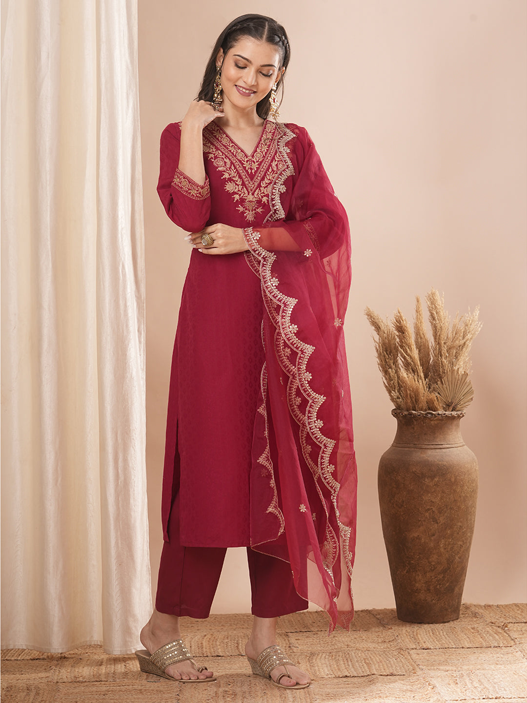 Solid Ethnic Embroidered Straight Fit Kurta with Pant & Dupatta - Maroon