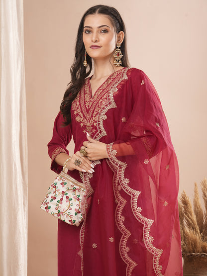 Solid Ethnic Embroidered Straight Fit Kurta with Pant & Dupatta - Maroon