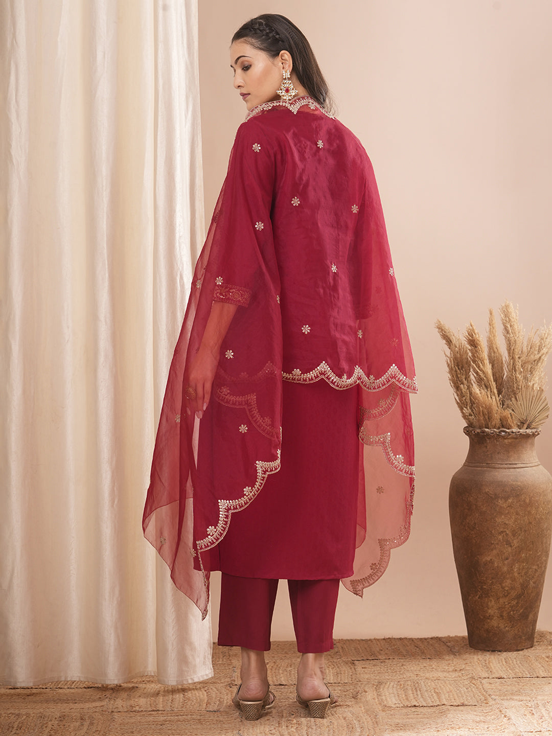 Solid Ethnic Embroidered Straight Fit Kurta with Pant & Dupatta - Maroon