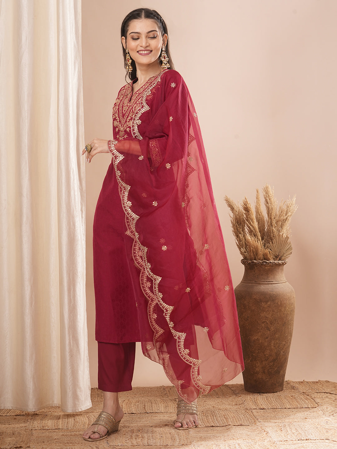 Solid Ethnic Embroidered Straight Fit Kurta with Pant & Dupatta - Maroon