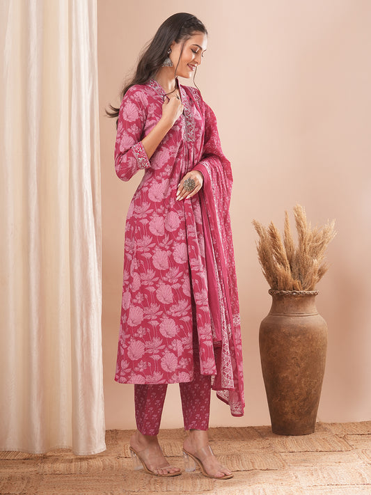 Ethnic Printed A-Line Paneled Kurta with Pant and Dupatta - Pink