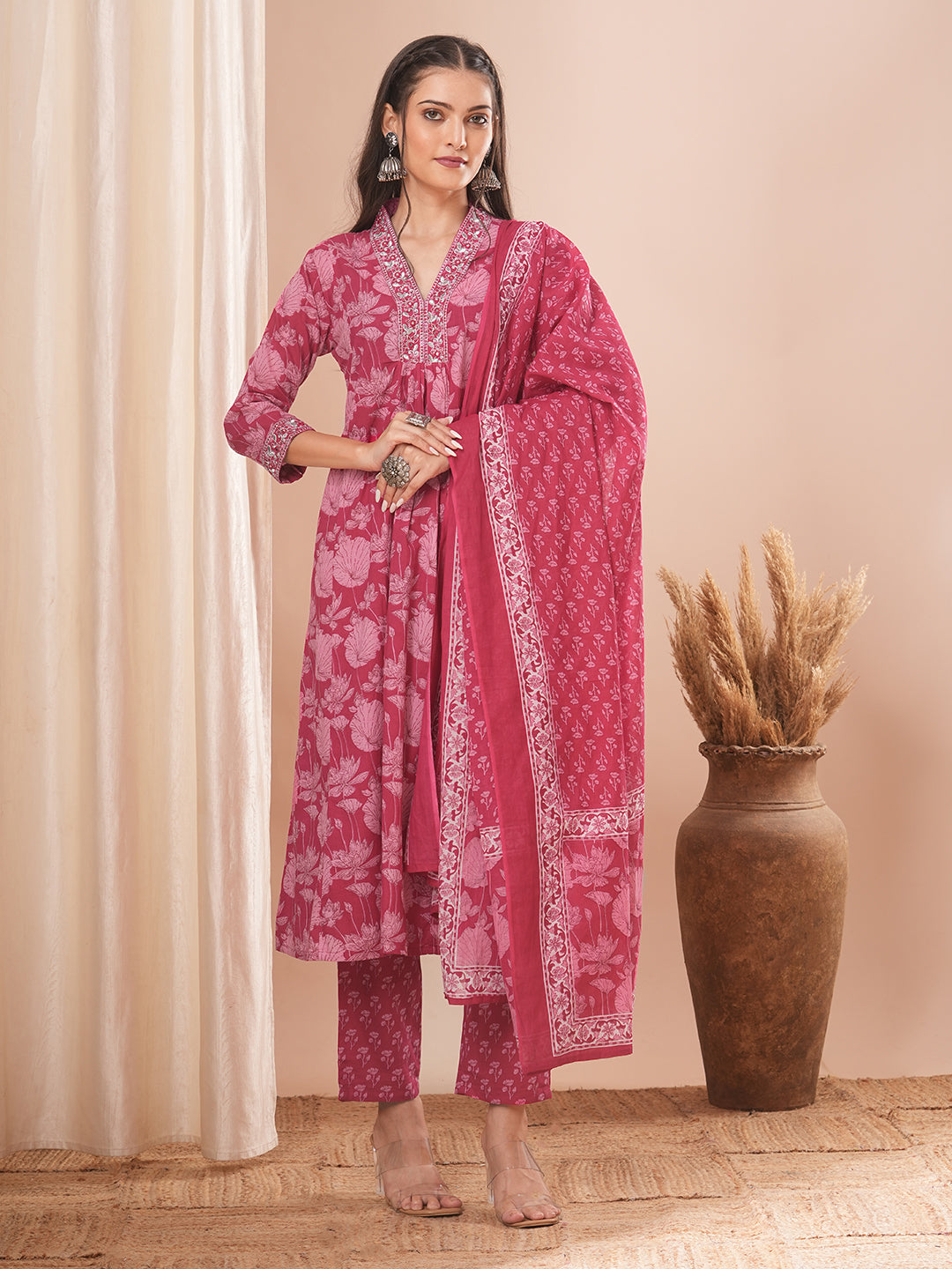 Ethnic Printed A-Line Paneled Kurta with Pant and Dupatta - Pink