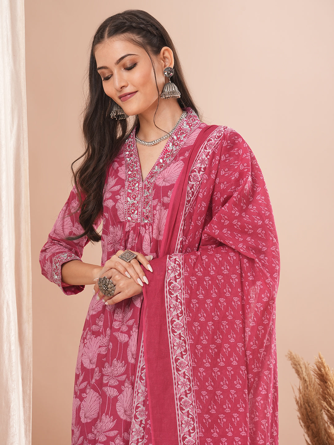 Ethnic Printed A-Line Paneled Kurta with Pant and Dupatta - Pink