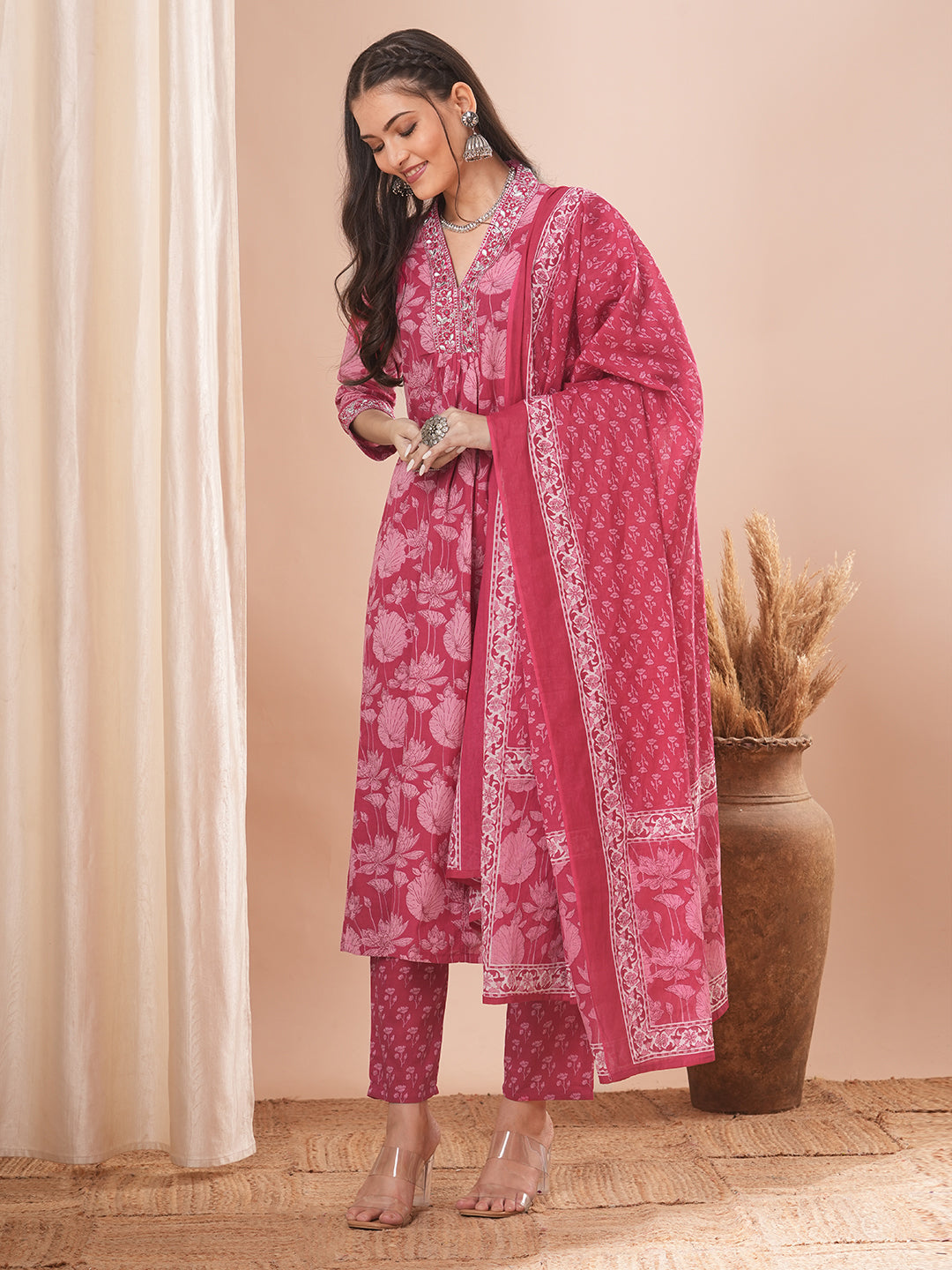 Ethnic Printed A-Line Paneled Kurta with Pant and Dupatta - Pink