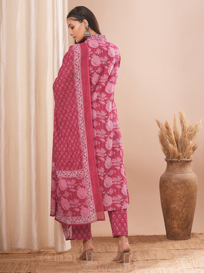 Ethnic Printed A-Line Paneled Kurta with Pant and Dupatta - Pink