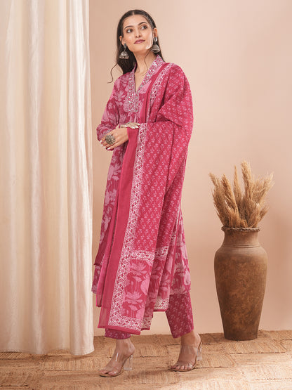 Ethnic Printed A-Line Paneled Kurta with Pant and Dupatta - Pink