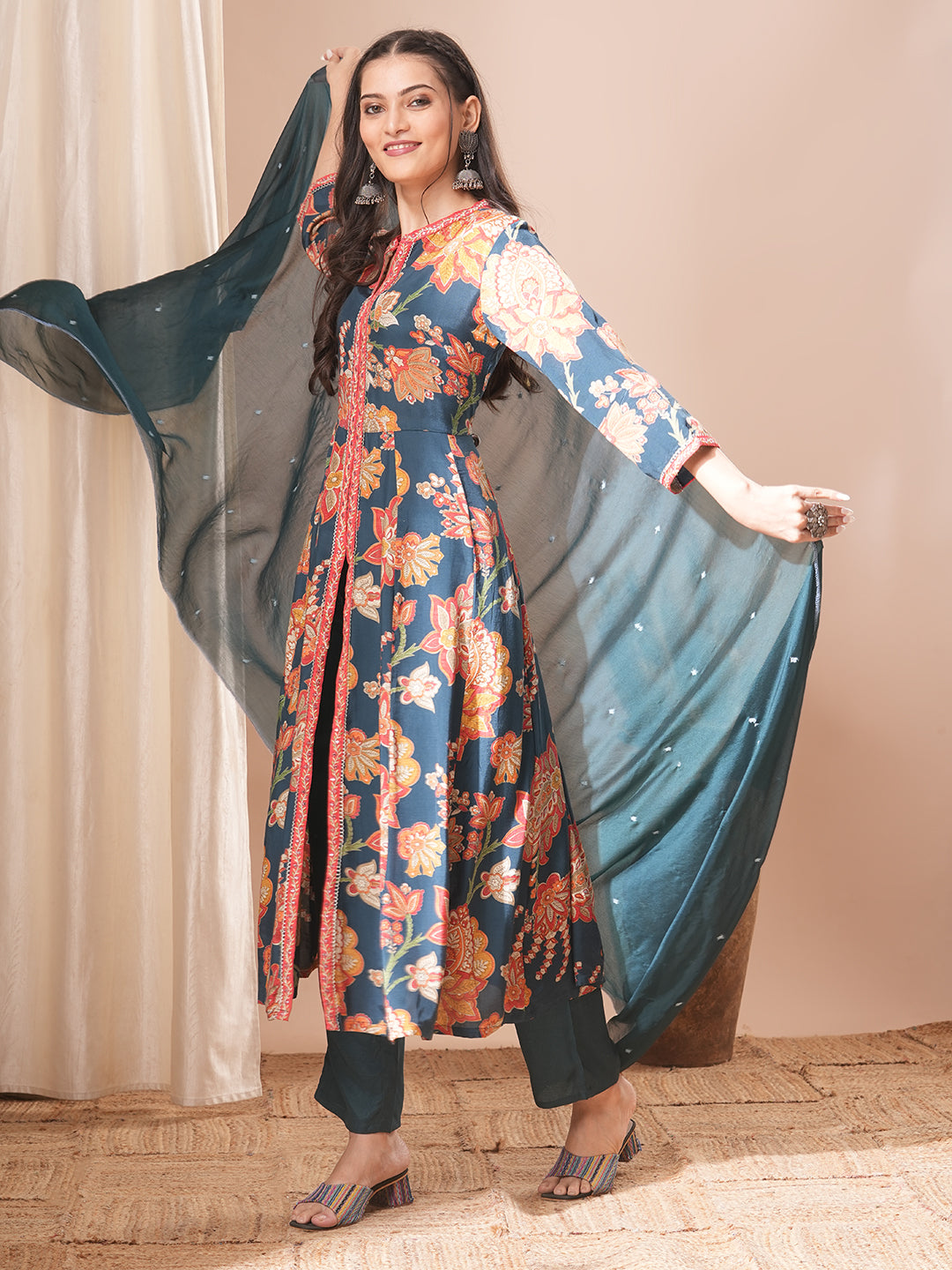 Ethnic Floral Printed A-Line Paneled Kurta with Pant and Dupatta - Teal Green