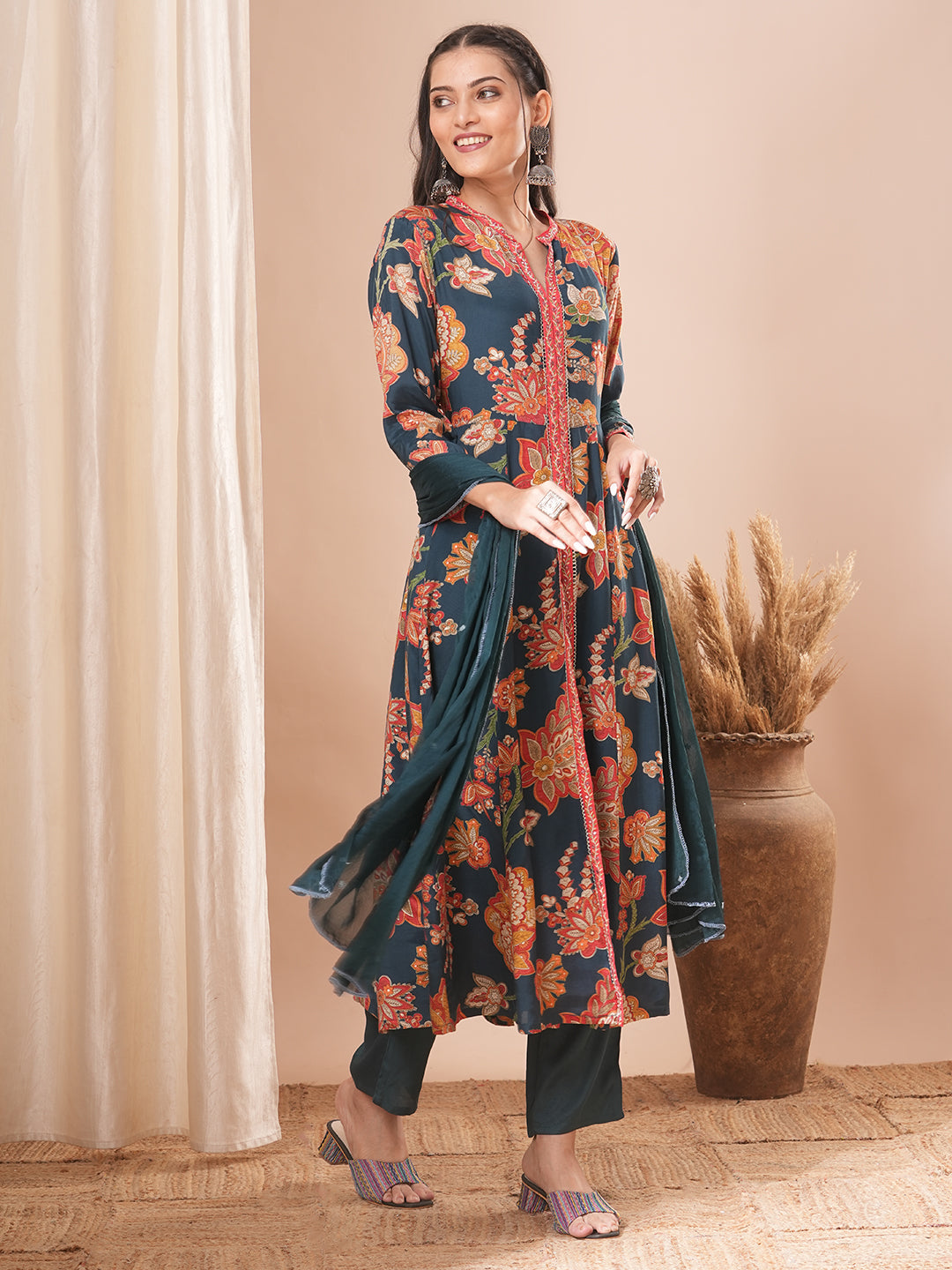 Ethnic Floral Printed A-Line Paneled Kurta with Pant and Dupatta - Teal Green