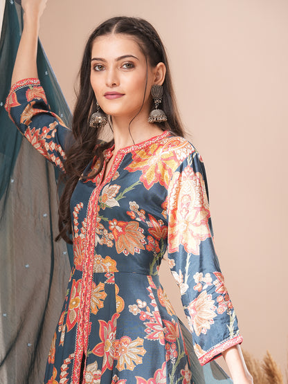 Ethnic Floral Printed A-Line Paneled Kurta with Pant and Dupatta - Teal Green