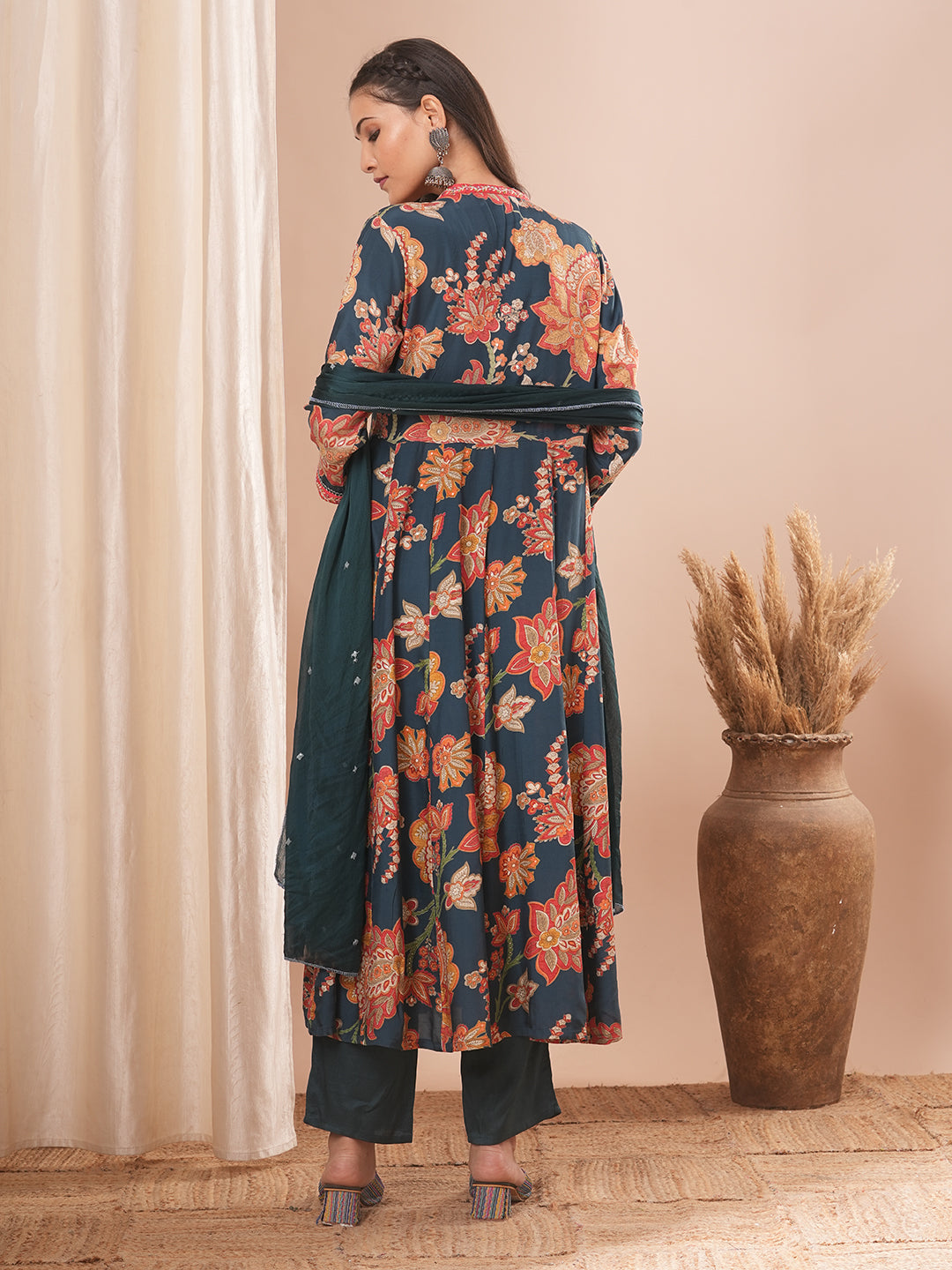 Ethnic Floral Printed A-Line Paneled Kurta with Pant and Dupatta - Teal Green