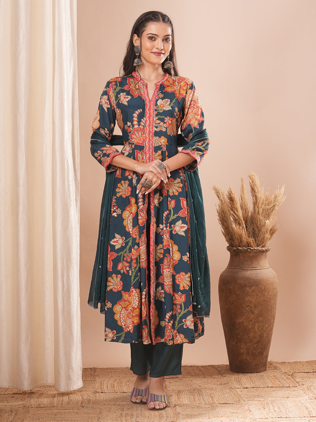 Ethnic Floral Printed A-Line Paneled Kurta with Pant and Dupatta - Teal Green