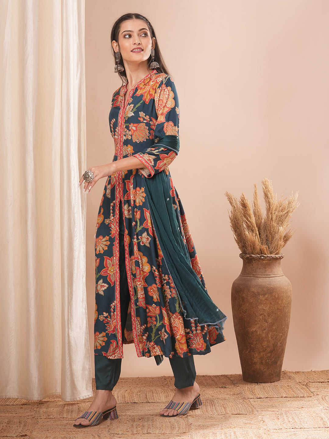 Ethnic Floral Printed A-Line Paneled Kurta with Pant and Dupatta - Teal Green