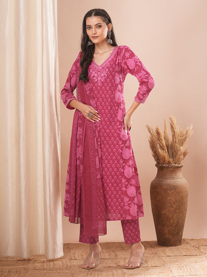 Ethnic Printed A-Line Paneled Kurta with Pant and Dupatta - Pink