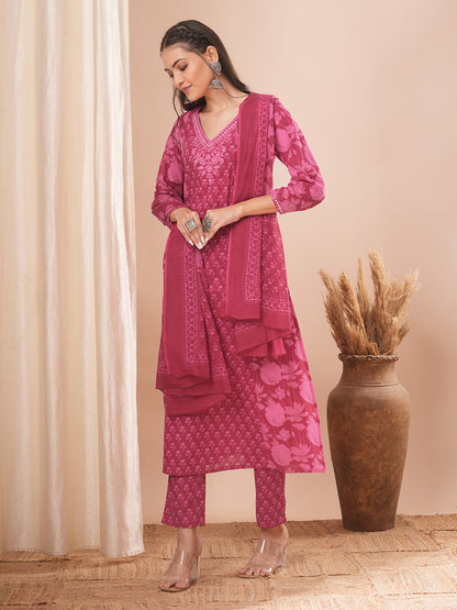 Ethnic Printed A-Line Paneled Kurta with Pant and Dupatta - Pink