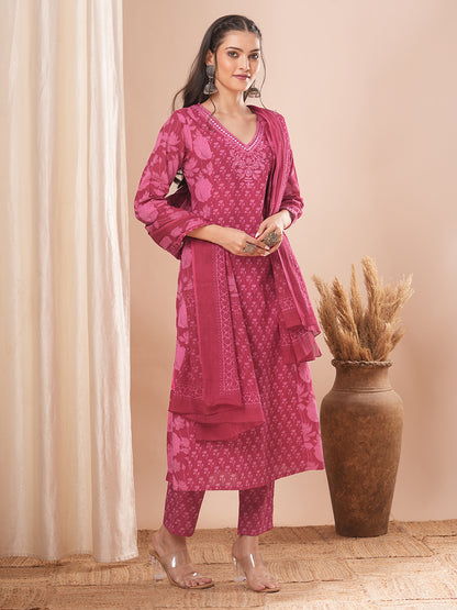 Ethnic Printed A-Line Paneled Kurta with Pant and Dupatta - Pink