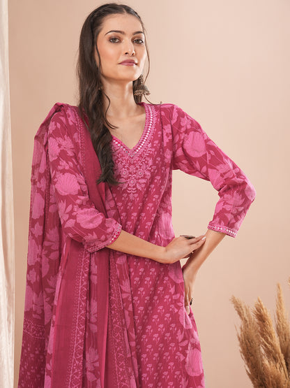 Ethnic Printed A-Line Paneled Kurta with Pant and Dupatta - Pink