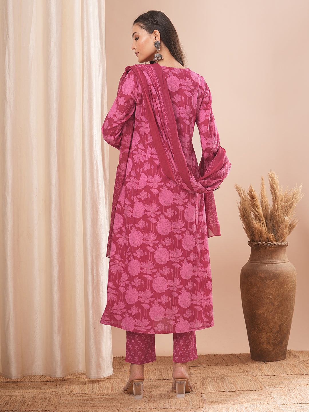 Ethnic Printed A-Line Paneled Kurta with Pant and Dupatta - Pink