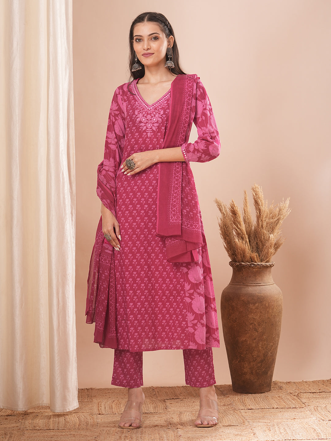 Ethnic Printed A-Line Paneled Kurta with Pant and Dupatta - Pink