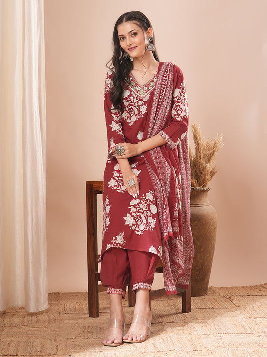 Ethnic Printed & Embroidered Straight Kurta with Pant and Dupatta - Red