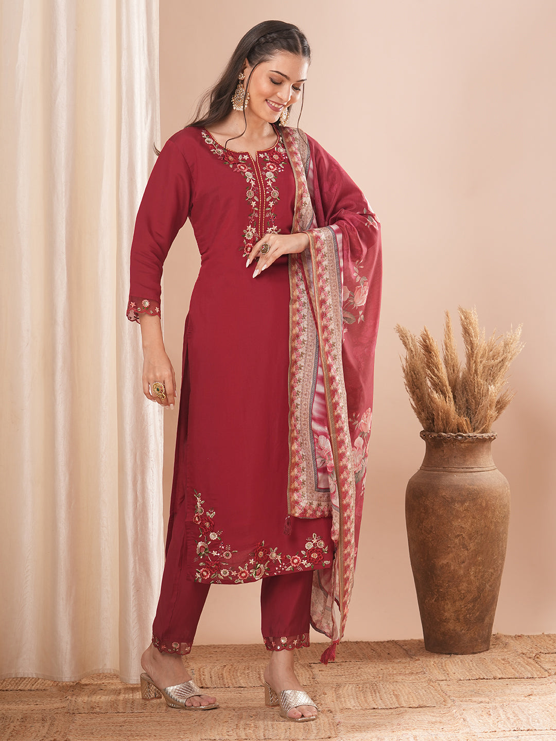 Solid Floral Embroidered Straight Kurta with Pant & Floral Printed Dupatta - Maroon