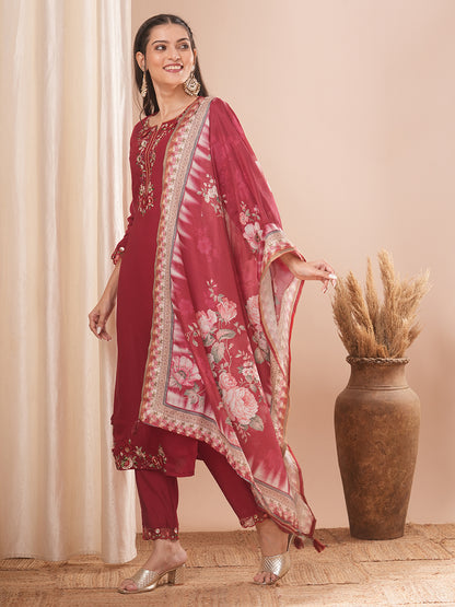 Solid Floral Embroidered Straight Kurta with Pant & Floral Printed Dupatta - Maroon