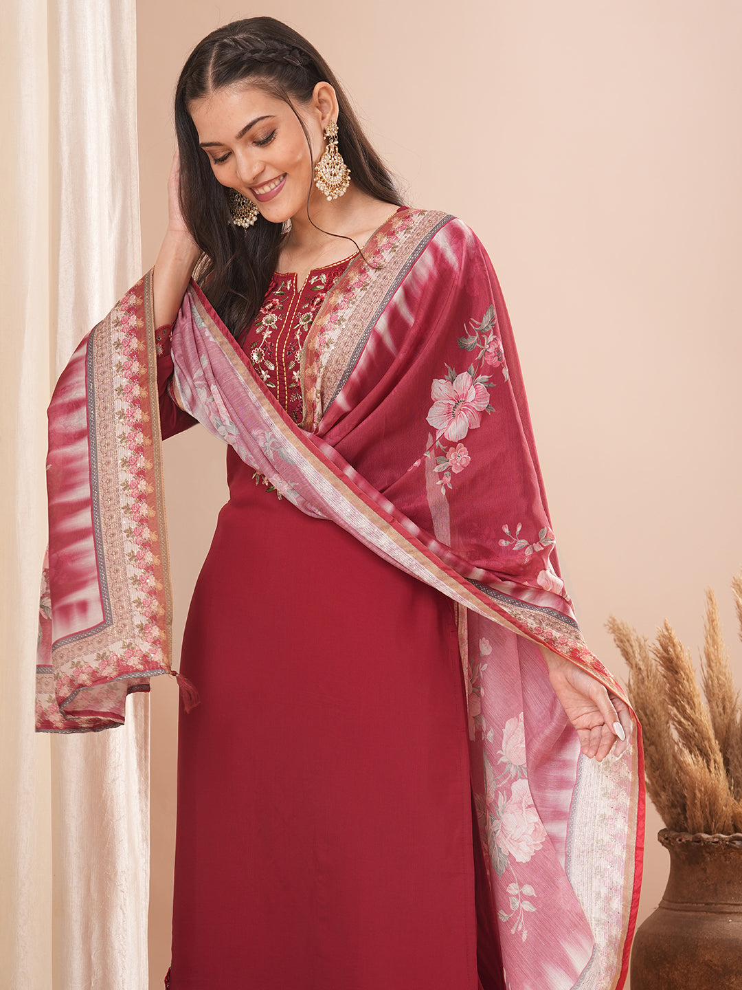 Solid Floral Embroidered Straight Kurta with Pant & Floral Printed Dupatta - Maroon