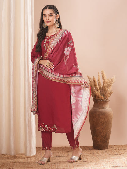 Solid Floral Embroidered Straight Kurta with Pant & Floral Printed Dupatta - Maroon