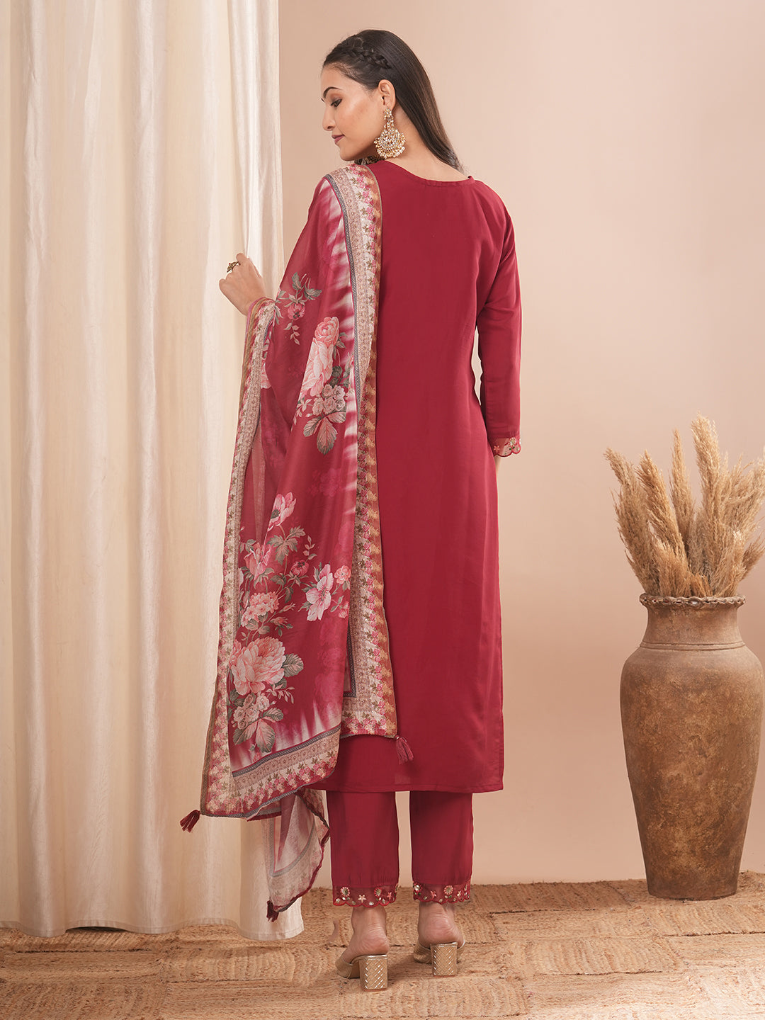 Solid Floral Embroidered Straight Kurta with Pant & Floral Printed Dupatta - Maroon