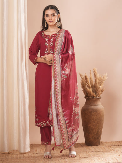 Solid Floral Embroidered Straight Kurta with Pant & Floral Printed Dupatta - Maroon