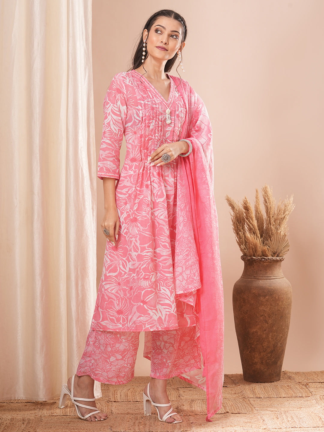 Ethnic Printed A-line Pleated Kurta with Pant and Dupatta - Pink