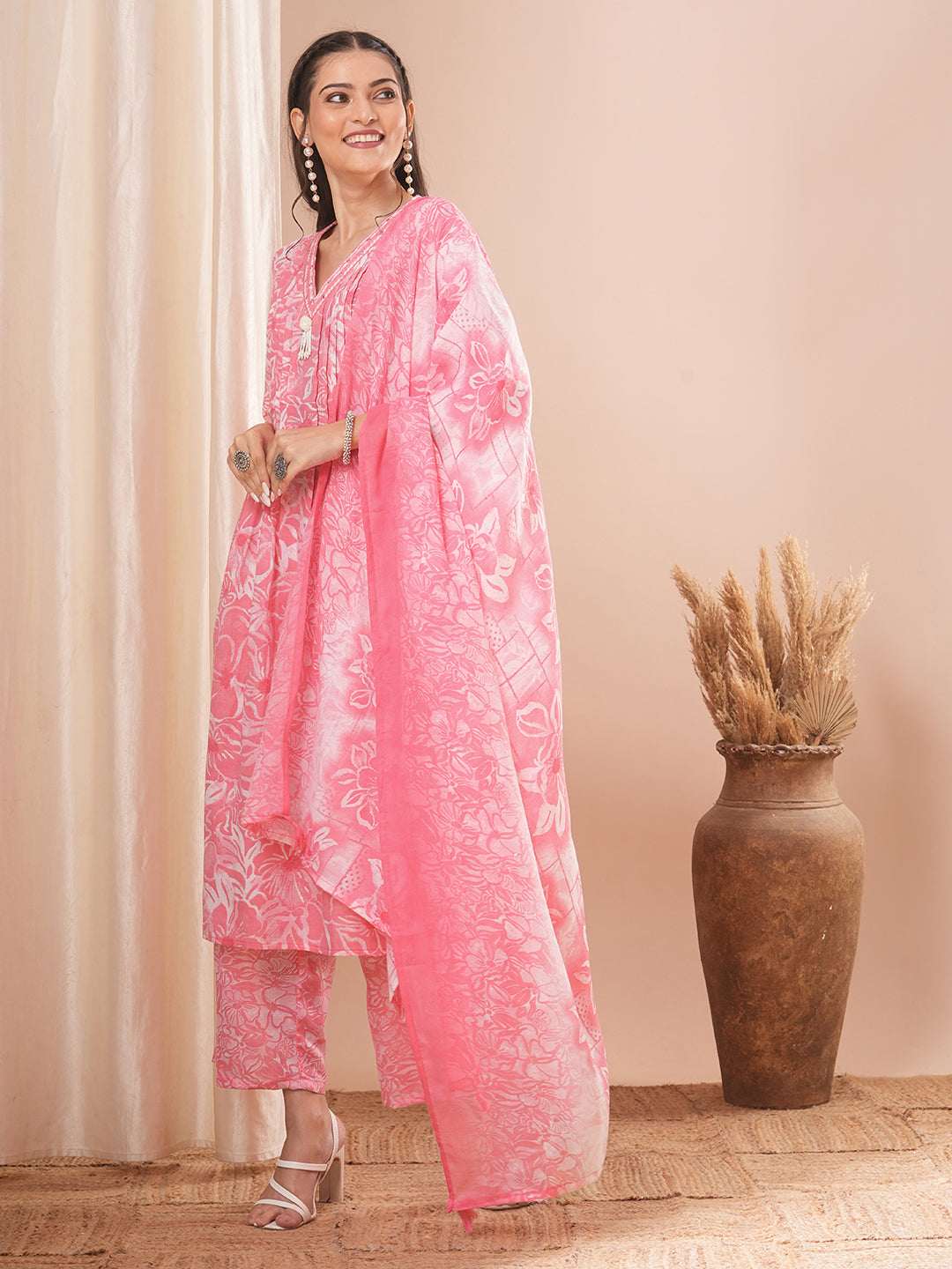 Ethnic Printed A-line Pleated Kurta with Pant and Dupatta - Pink