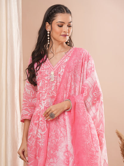 Ethnic Printed A-line Pleated Kurta with Pant and Dupatta - Pink